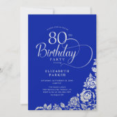 80e verjaardag Elegante Royal Blue Silver Rozen Kaart (Voorkant)