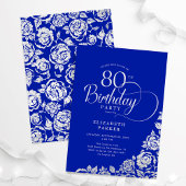 80e verjaardag Elegante Royal Blue Silver Rozen Kaart