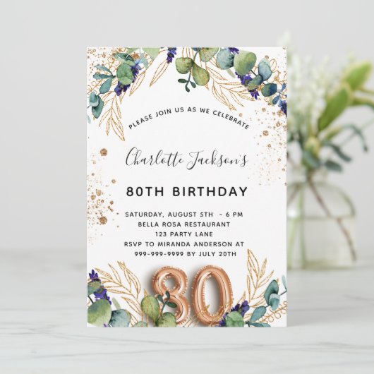 80e verjaardag eucalyptus greenery glitter elegant kaart (Staand voorkant)