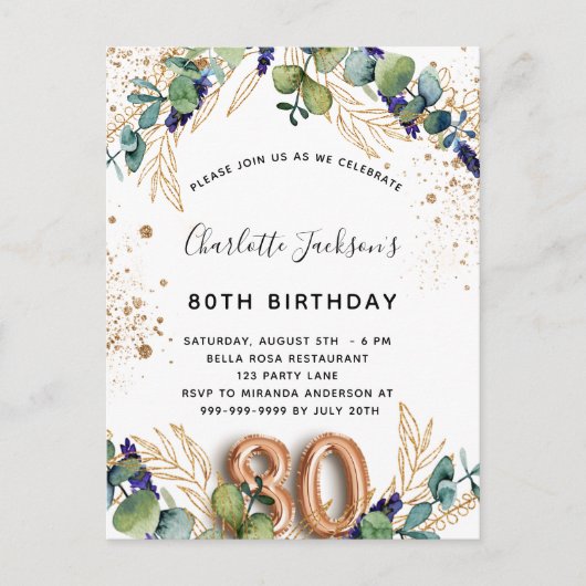 80e verjaardag eucalyptus greenery glitter elegant uitnodiging briefkaart (Voorkant)