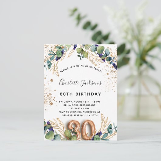 80e verjaardag eucalyptus greenery glitter elegant uitnodiging briefkaart (Staand voorkant)