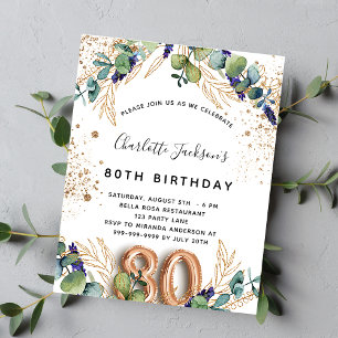 80e verjaardag eucalyptus greenery glitter elegant uitnodiging briefkaart
