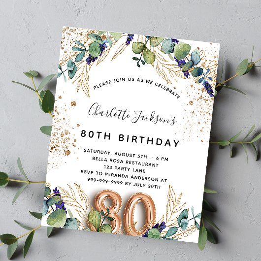 80e verjaardag eucalyptus greenery glitter elegant uitnodiging briefkaart