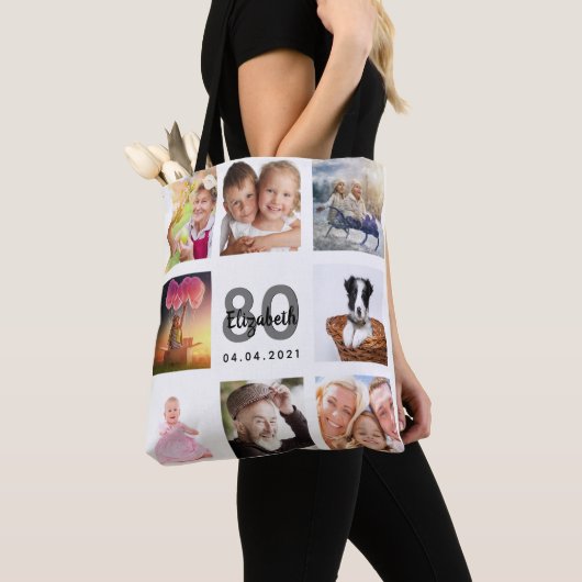 80e verjaardag familiefoto collage vrouw wit tote bag (Dichtbij)