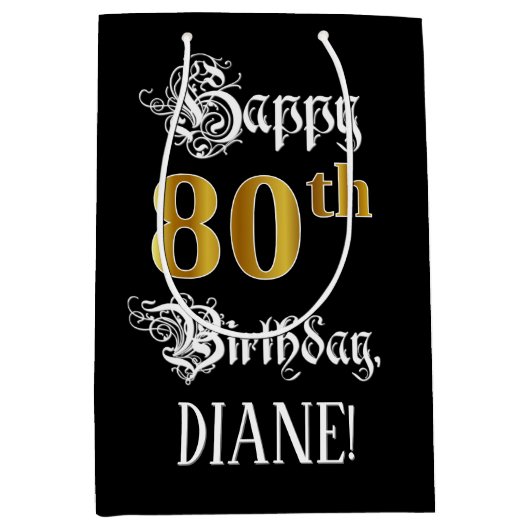 80e verjaardag ~ Fancy script; Faux Gold look; naa Medium Cadeauzakje (Voorkant)