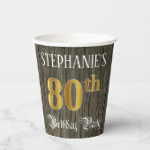 80e verjaardag — Faux Gold & Faux Wood Papieren Bekers (Voorkant)