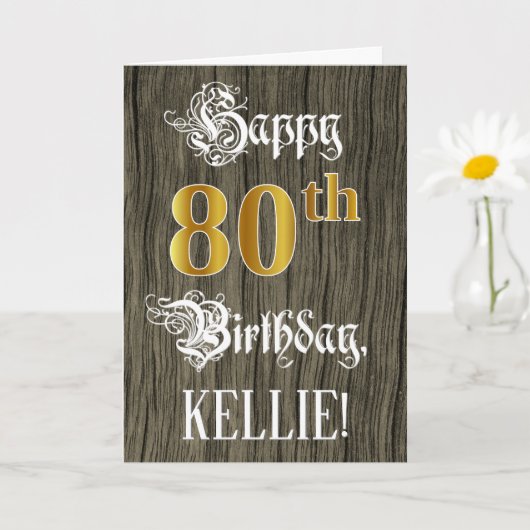 80e verjaardag: Faux Gold Kijk + Faux-houtpatroon Kaart (Kleine Plant)