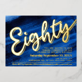 80e verjaardag feest blauw kunst gouden script folie uitnodiging (Voorkant)