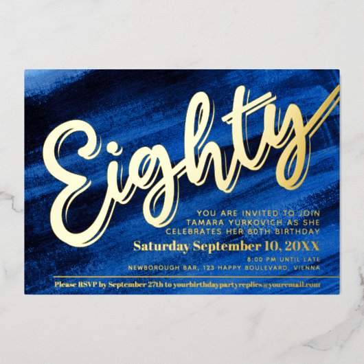 80e verjaardag feest blauw kunst gouden script folie uitnodiging (Voorkant)