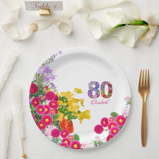 80e Verjaardag Feest Bloemen Modern 80 jaar Papieren Bordje (Huwelijk)