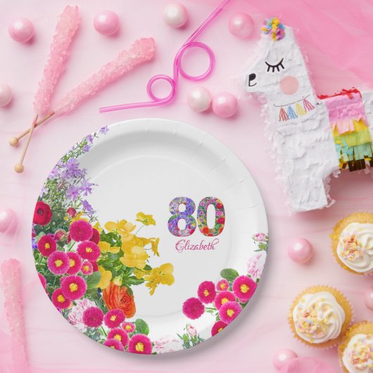 80e Verjaardag Feest Bloemen Modern 80 jaar Papieren Bordje (Feest)