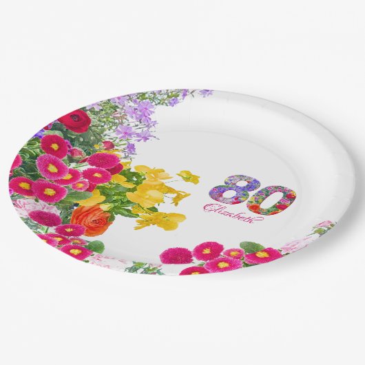 80e Verjaardag Feest Bloemen Modern 80 jaar Papieren Bordje (Gekanteld)