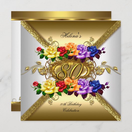 80e Verjaardag Feest Multi Kleur Gouden Rozen Kaart (Voorkant / Achterkant)