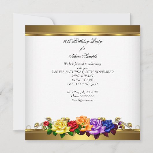 80e Verjaardag Feest Multi Kleur Gouden Rozen Kaart (Achterkant)