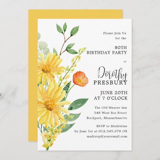 80e Verjaardag Feest Voorjaar Gele Bloemen Kaart (Voorkant / Achterkant)