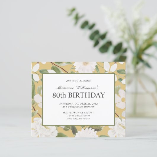 80e verjaardag Feminine White Flowers Yellow (Staand voorkant)