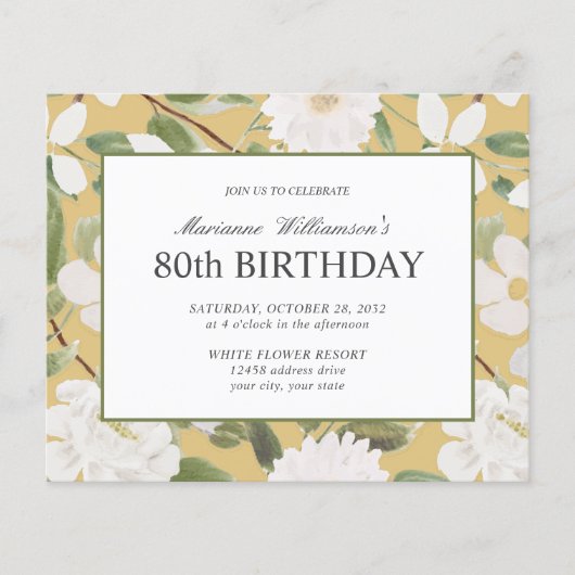 80e verjaardag Feminine White Flowers Yellow (Voorkant)