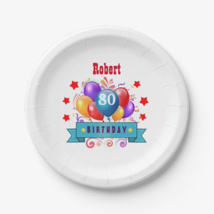 80e verjaardag Festive Colorful Balloons C01HZ Papieren Bordje