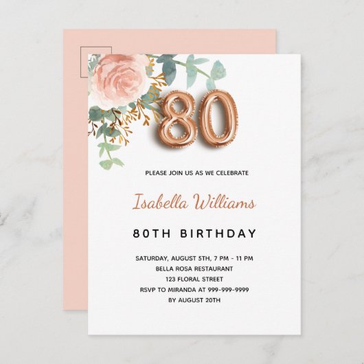 80e verjaardag floraal roos goud eucalyptus greene uitnodiging briefkaart (Voorkant / Achterkant)