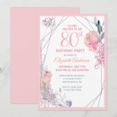 80e Verjaardag Floral Blush Roos Waterverf Party Kaart (Voorkant / Achterkant)
