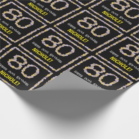 80e verjaardag: Floral Flowers Number, Custom Name Cadeaupapier (Hoek)