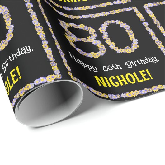 80e verjaardag: Floral Flowers Number, Custom Name Cadeaupapier (Rol Hoek)