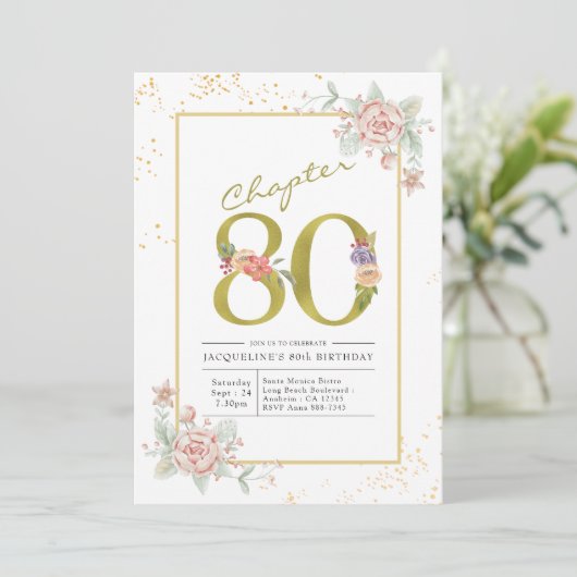 80e verjaardag Floral Gold Script Kaart (Staand voorkant)