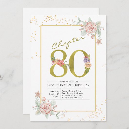 80e verjaardag Floral Gold Script Kaart (Voorkant / Achterkant)