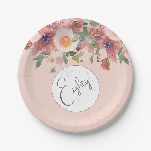 80e verjaardag Floral Pink Rose Elegant Verjaardag Papieren Bordje (Voorkant)