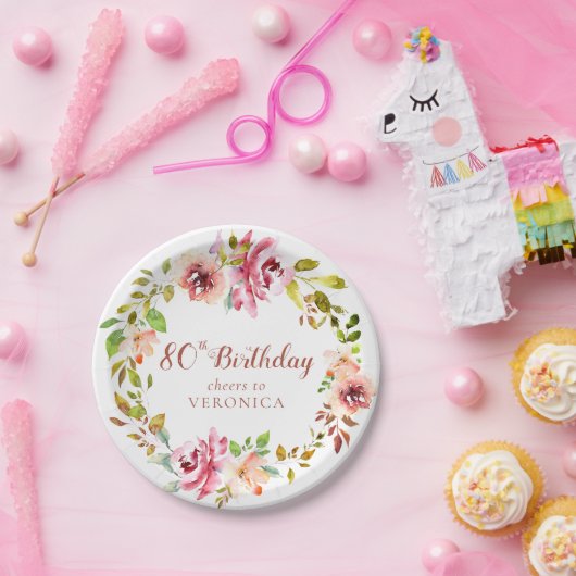 80e verjaardag Floral Wreath Papieren Bordje (Feest)
