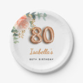 80e verjaardag florale roos goud eucalyptusmonogra papieren bordje (Voorkant)