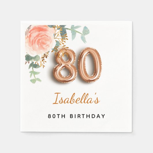 80e verjaardag florale roos goud eucalyptusmonogra servet (Voorkant)