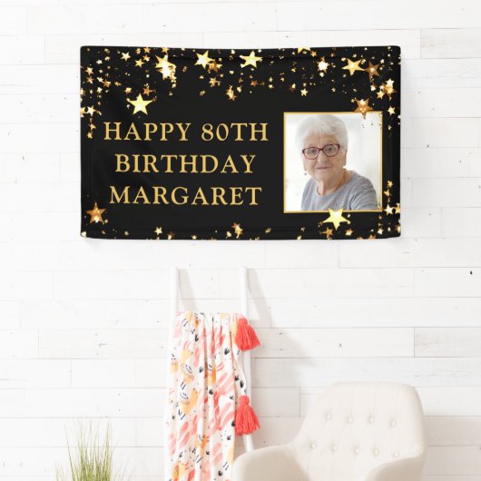 80e verjaardag Foto Black Gold Stars Persoonlijk Spandoek (Insitu)