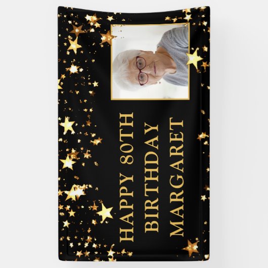 80e verjaardag Foto Black Gold Stars Persoonlijk Spandoek (Verticaal)