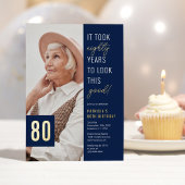 80e verjaardag foto Blauw & Gold Echte partij Folie Uitnodiging