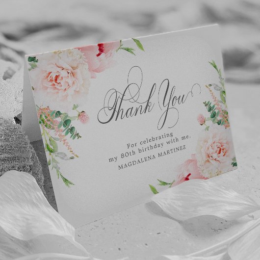80e verjaardag Foto Blush Roze Bloemen Gevouwen Bedankkaart