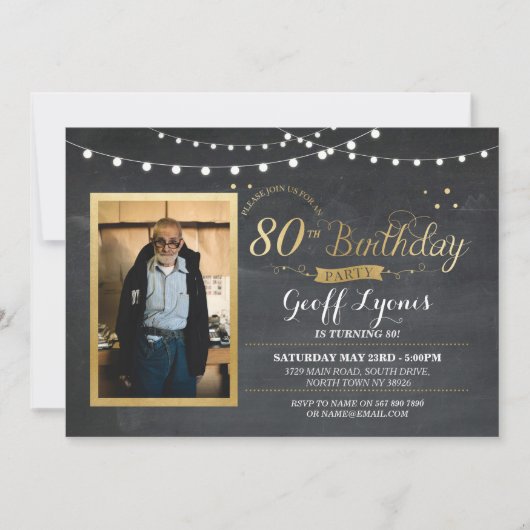 80e verjaardag Foto Chalk Rustic Gold Invitation Kaart (Voorkant)
