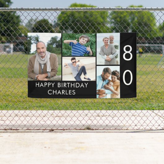 80e verjaardag Foto Collage 5 Afbeelding Zwart wit Spandoek (Insitu)