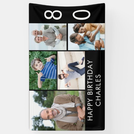 80e verjaardag Foto Collage 5 Afbeelding Zwart wit Spandoek (Verticaal)