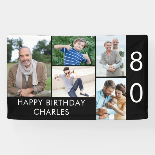 80e verjaardag Foto Collage 5 Afbeelding Zwart wit Spandoek (Horizontaal)
