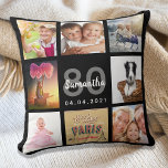 80e verjaardag foto collage vrouw zwart kussen<br><div class="desc">Een uniek cadeau voor een 80e geboortedag van een vrouw, het vieren van haar leven met een collage van 8 van je eigen foto's, afbeeldingen. Personaliseer en voeg haar naam, leeftijd 80 en een datum toe. Een chique zwarte achtergrond. Grijze en witte letters en cijfers. De naam is geschreven met...</div>