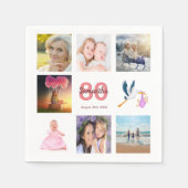80e verjaardag foto collage witte roze naam servet (Voorkant)
