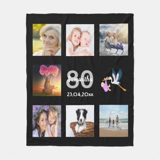 80e verjaardag foto collage zwart fleece deken (Voorkant)