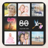 80e verjaardag foto collage zwart kartonnen onderzetters (Voorkant)