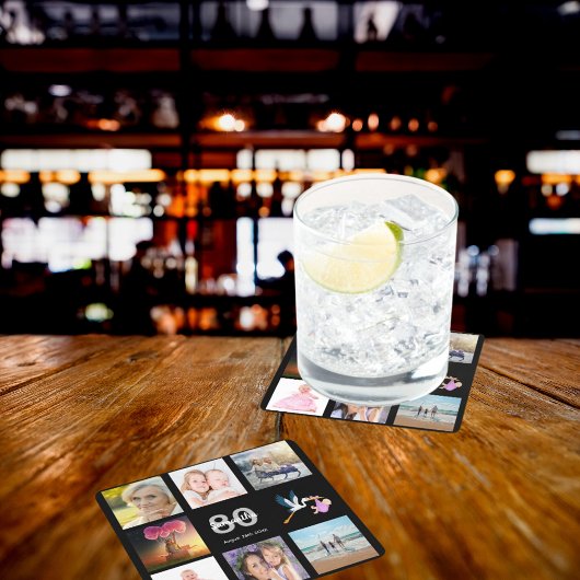 80e verjaardag foto collage zwart kartonnen onderzetters