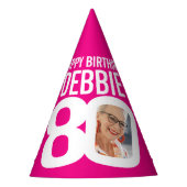 80e verjaardag foto gepersonaliseerd wit heet roze feesthoedjes (Voorkant)