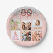 80e verjaardag foto roos goud glitter zilver papieren bordje (Voorkant)