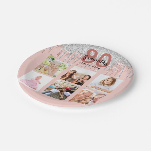 80e verjaardag foto roos goud glitter zilver papieren bordje (Gekanteld)