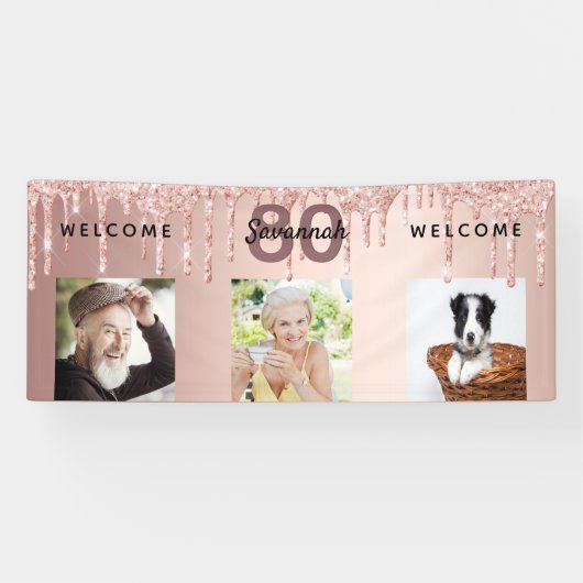 80e verjaardag foto roos gouden glitter sparkle spandoek (Horizontaal)