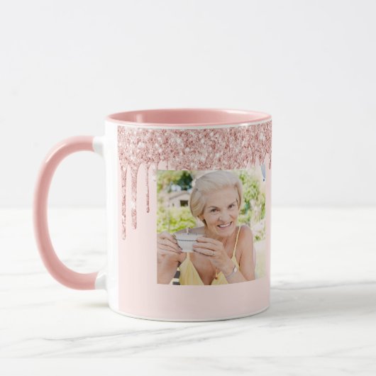 80e verjaardag foto roze roze roos goud glitter ba mok (Links)